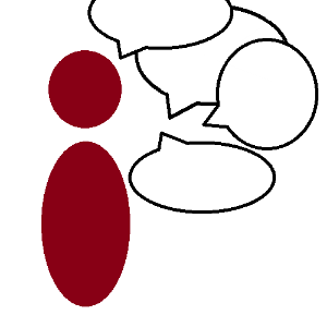 An abstract red person with four overlapping speech bubbles.